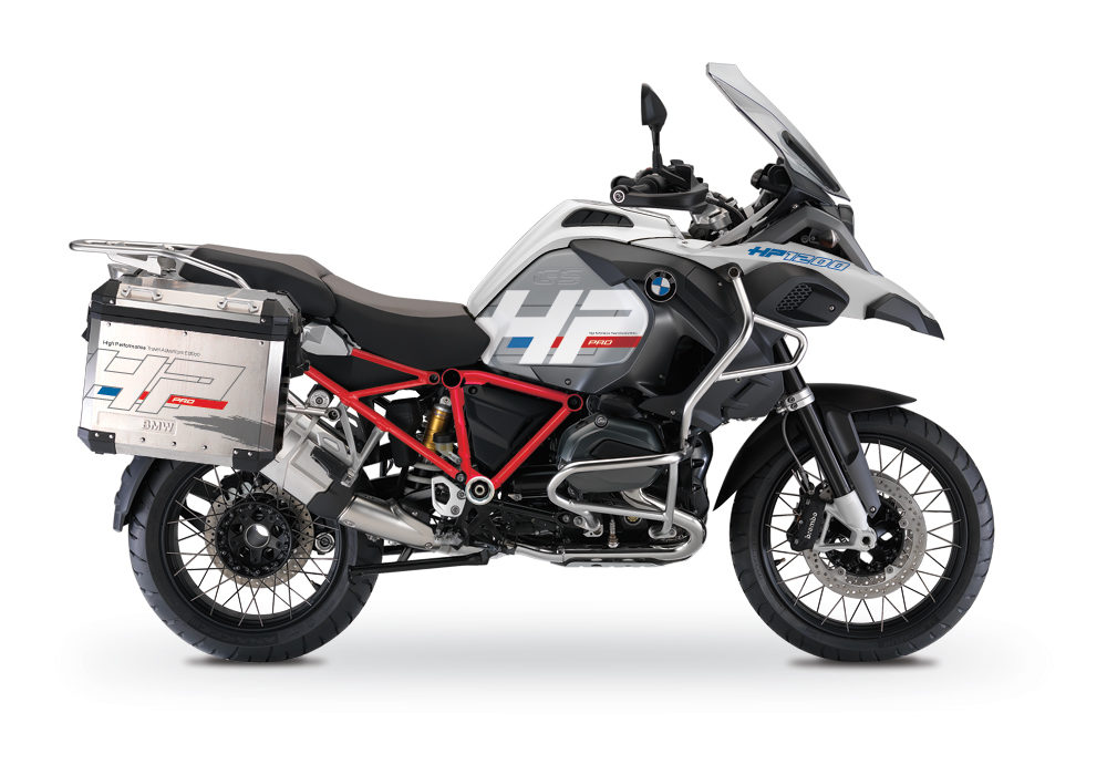 BKIT 3669 BMW R1200GS LC Adventure Alpine White HP Edition Side Tank Fender Stickers with Full Frame Panniers Red 01