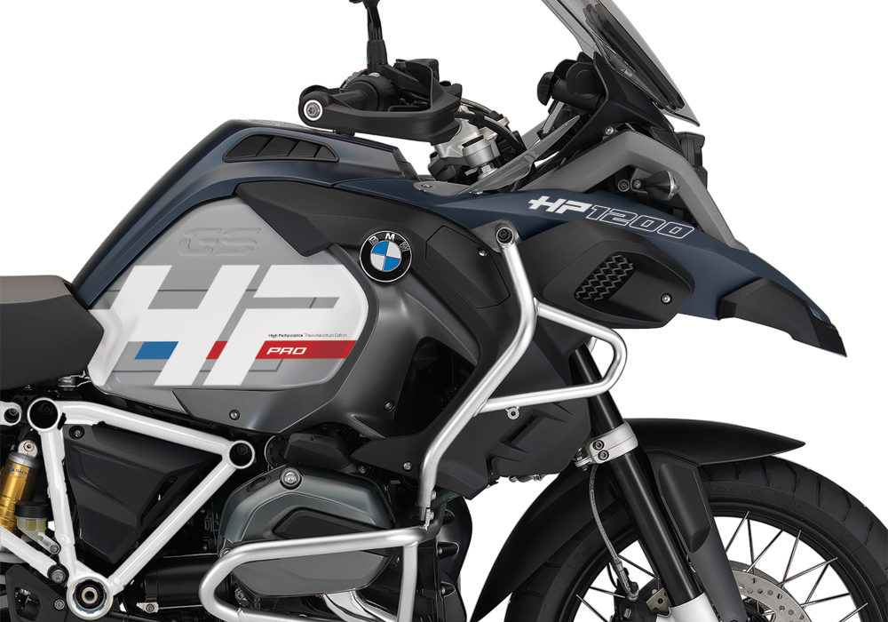 BKIT 3681 BMW R1200GS LC Adventure Ocean Blue HP Edition Side Tank Fender Stickers with Full Frame Panniers White 02