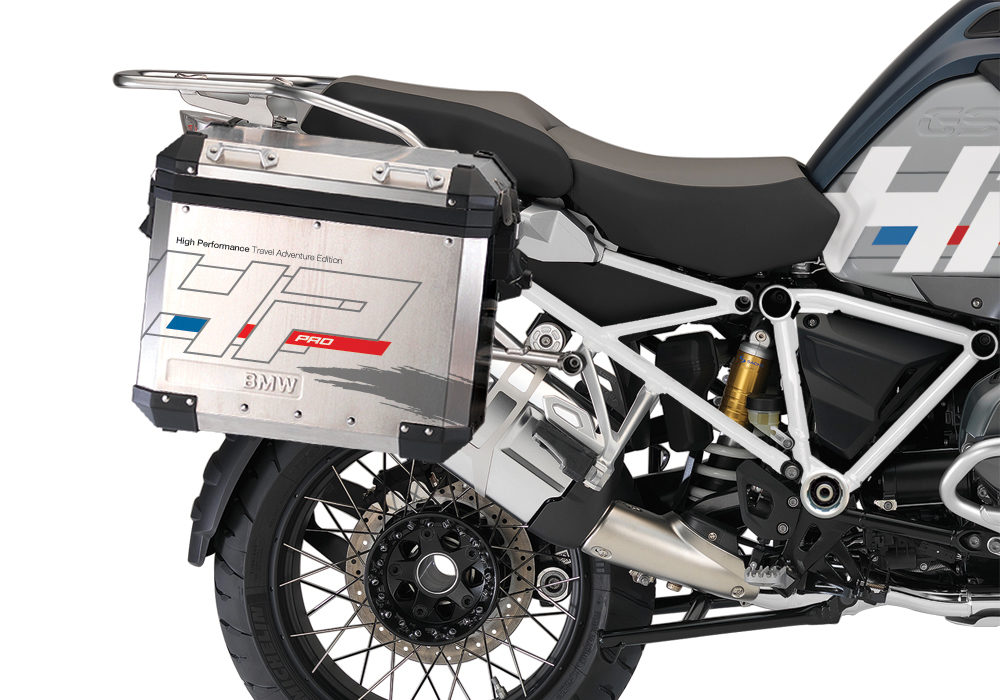 BKIT 3681 BMW R1200GS LC Adventure Ocean Blue HP Edition Side Tank Fender Stickers with Full Frame Panniers White 03