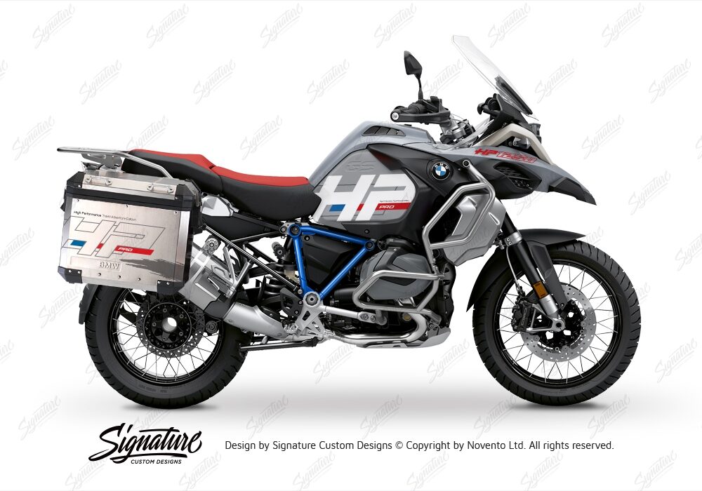 BKIT 3692 BMW R1250GS Adventure Ice Grey HP Edition Side Tank Fender Stickers with Pyramid Frame Panniers Blue 01