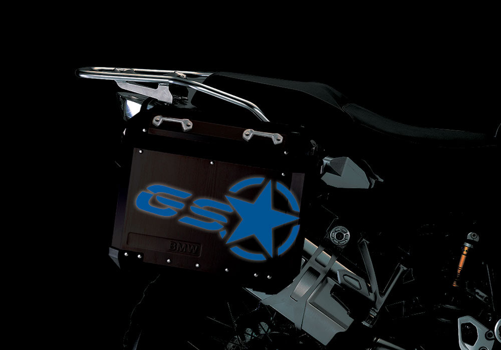 BSTI 4053 BMW ALUMINUM SIDE PANNIERS BLACK GS STAR REFLECTIVE STICKERS blue night