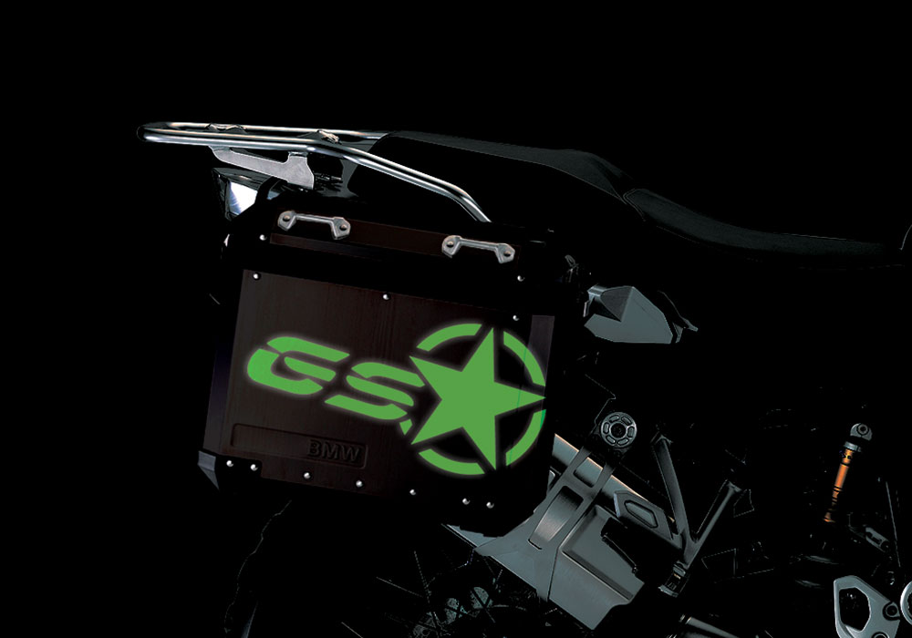 BSTI 4053 BMW ALUMINUM SIDE PANNIERS BLACK GS STAR REFLECTIVE STICKERS green night
