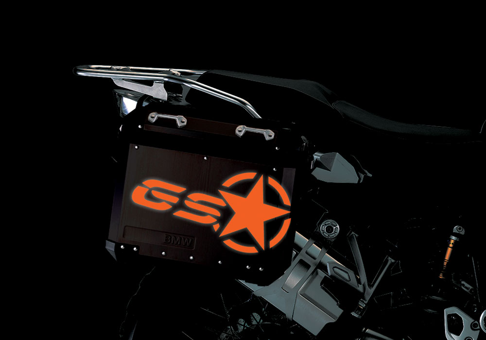 BSTI 4053 BMW ALUMINUM SIDE PANNIERS BLACK GS STAR REFLECTIVE STICKERS orange night