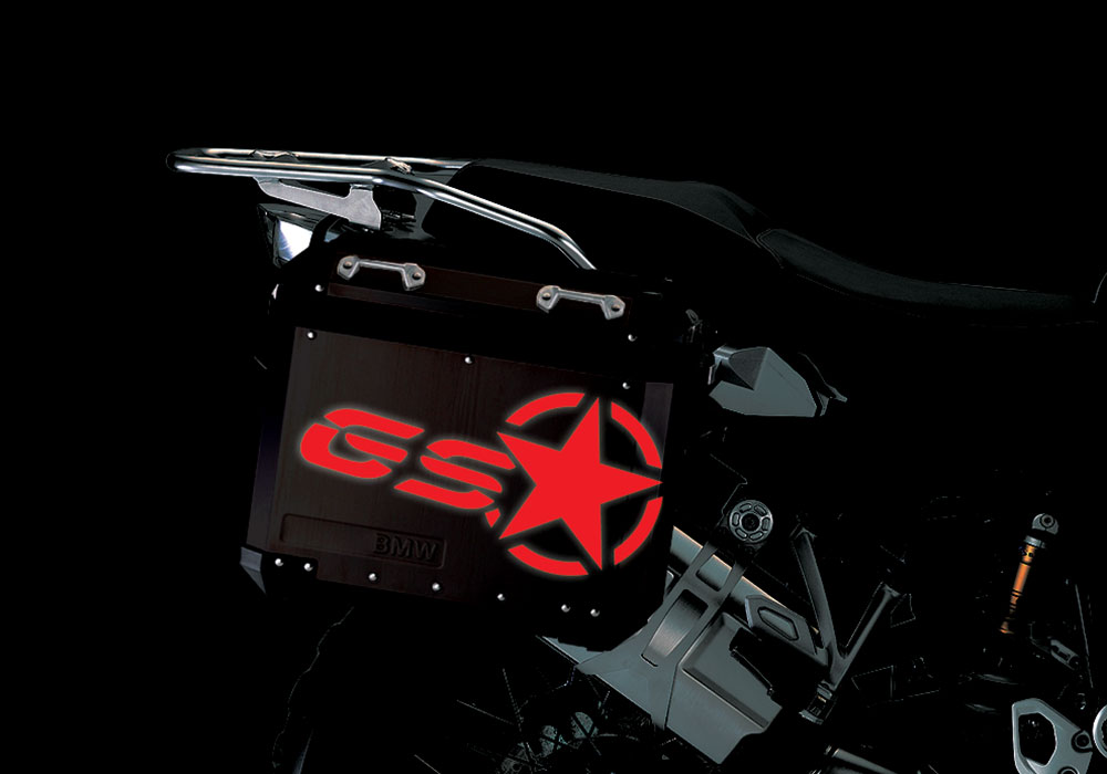 BSTI 4053 BMW ALUMINUM SIDE PANNIERS BLACK GS STAR REFLECTIVE STICKERS red night