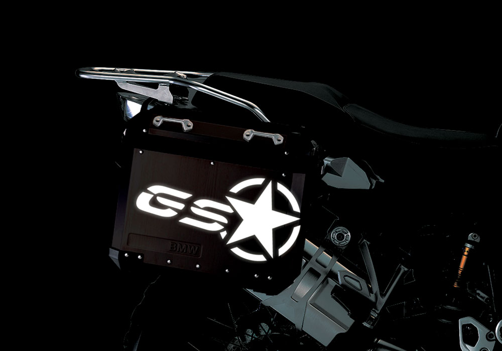 BSTI 4053 BMW ALUMINUM SIDE PANNIERS BLACK GS STAR REFLECTIVE STICKERS white night