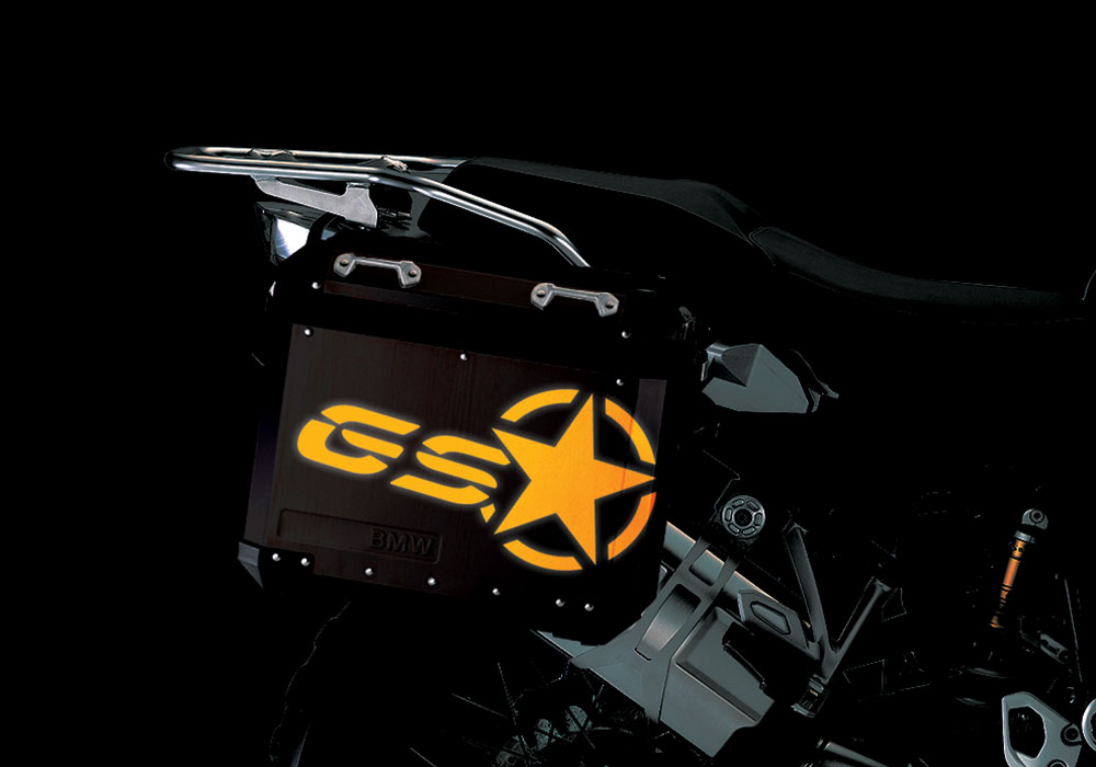 BSTI 4053 BMW ALUMINUM SIDE PANNIERS BLACK GS STAR REFLECTIVE STICKERS yellow night