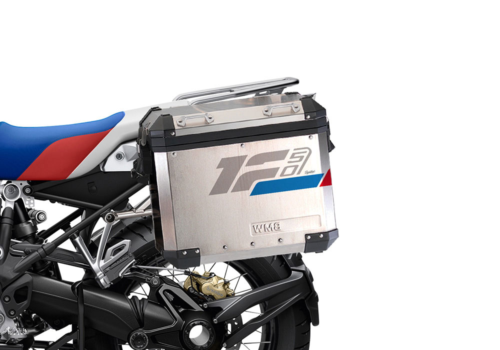 SIG 1280 BMW Aluminum Side Panniers Raise Grey Red Blue Stickers Left 02